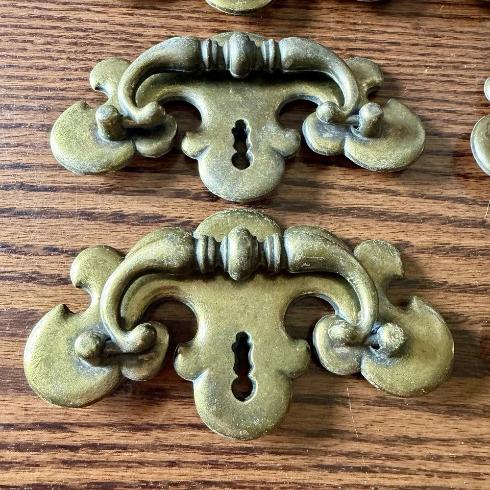 Vtg Ornate Brass Chippendale Drawer Pull Backplates French Provincial Set 6